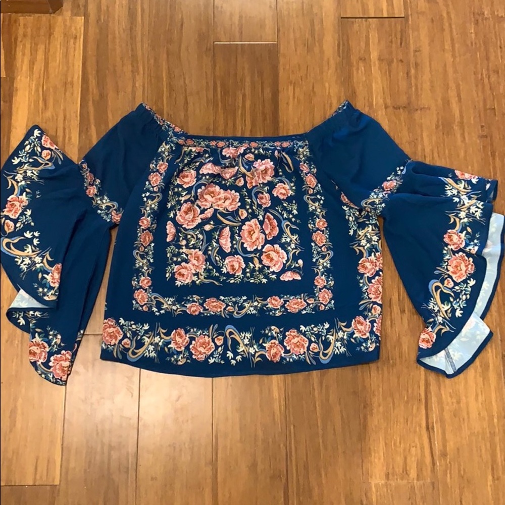Blue Rain Floral off the shoulder bell sleeve top